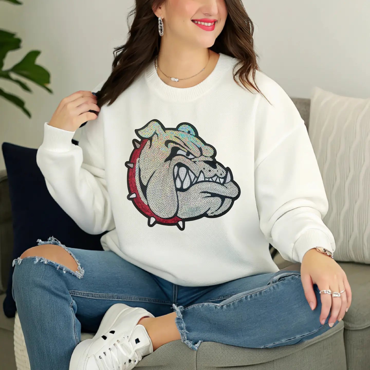 SEQUIN BULLDOG FLEECE SWEATER ADULT