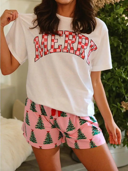 Merry Checkered Letter Print Christmas Tree Lounge Set